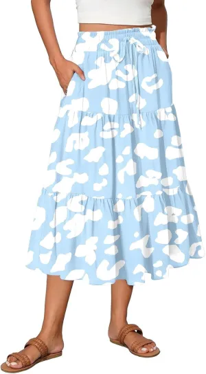 Women's Flowy Midi Skirt Pleated High Stretch Waisted Casual Boho Long Skirts with Pockets, S-2XL