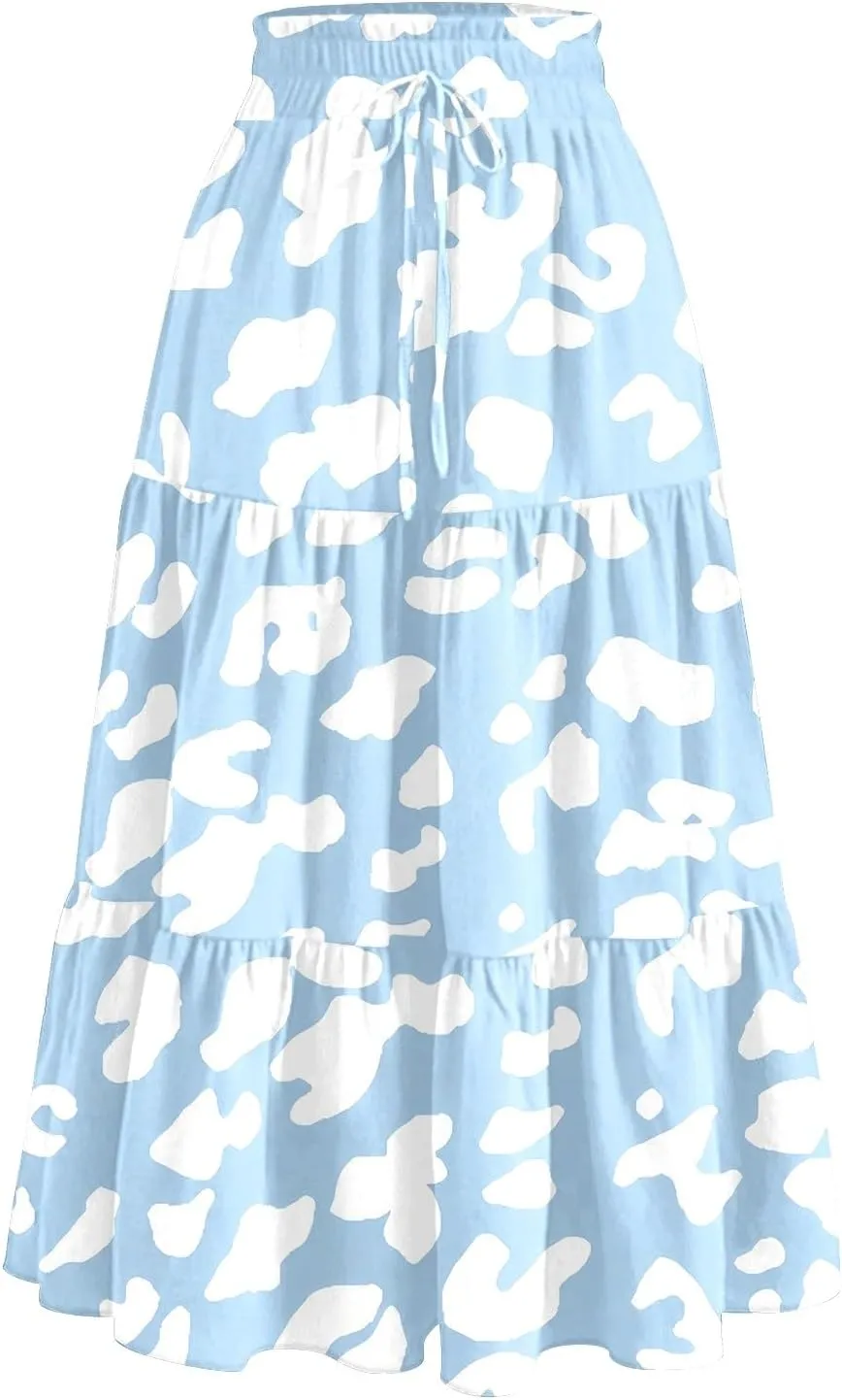 Women's Flowy Midi Skirt Pleated High Stretch Waisted Casual Boho Long Skirts with Pockets, S-2XL