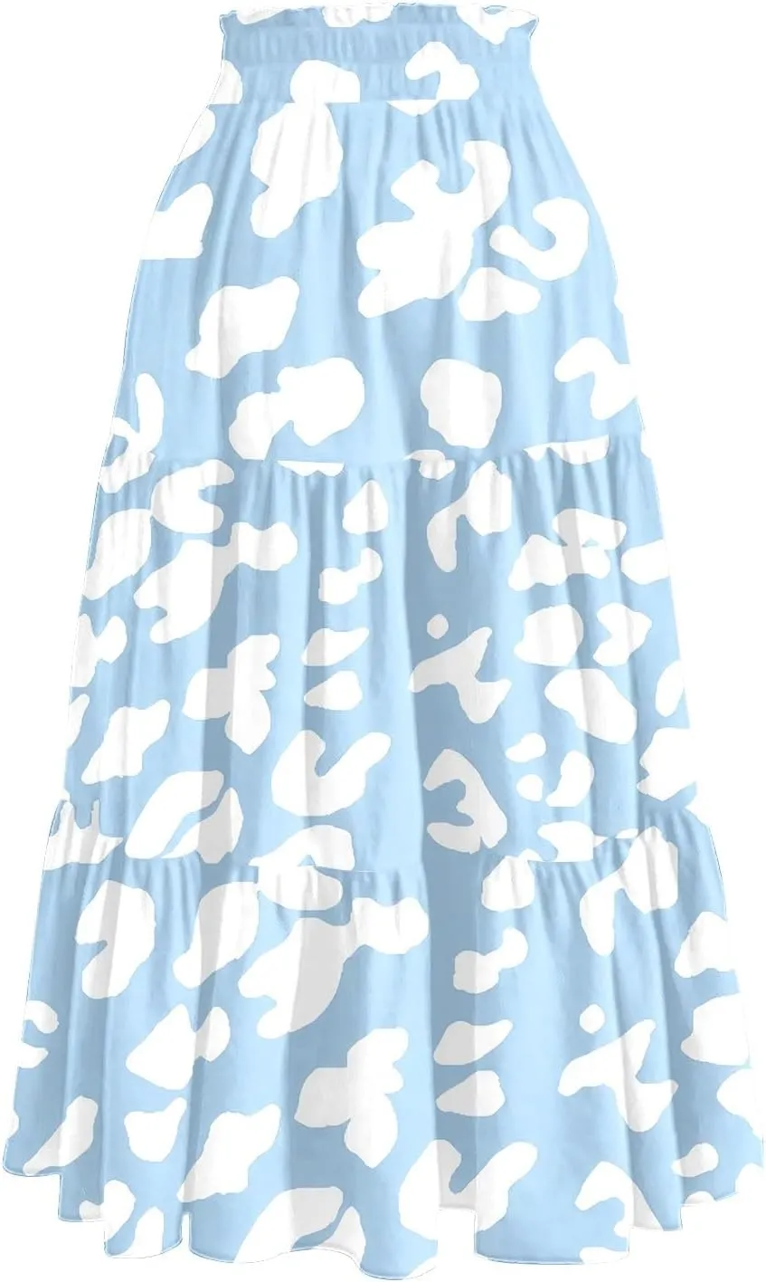 Women's Flowy Midi Skirt Pleated High Stretch Waisted Casual Boho Long Skirts with Pockets, S-2XL