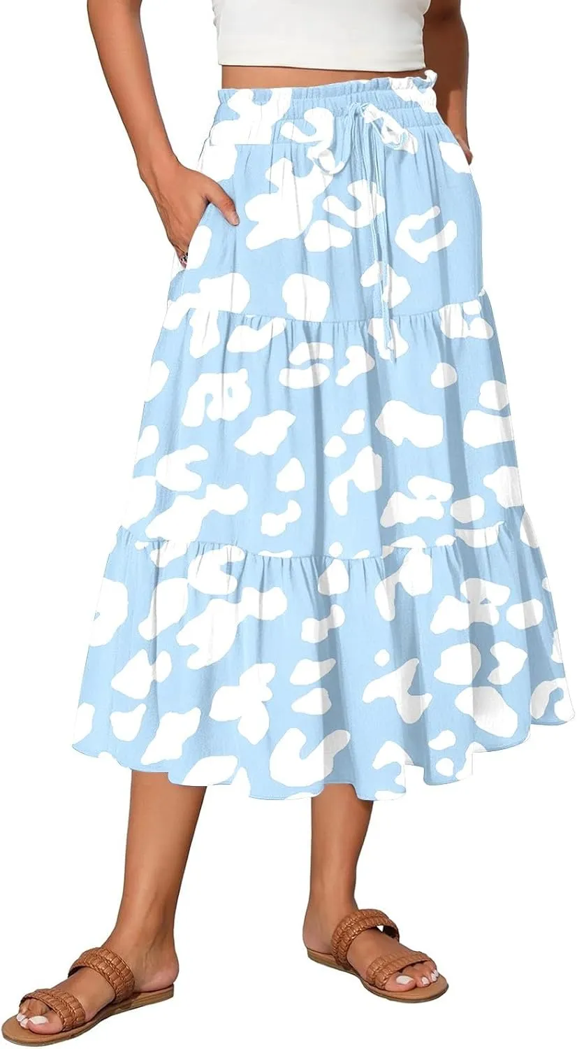 Women's Flowy Midi Skirt Pleated High Stretch Waisted Casual Boho Long Skirts with Pockets, S-2XL