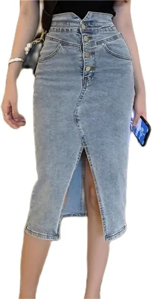 Women's Front Split Denim Wrap Skirts Buttons High Wasit Jeans Straight Pencil Midi Skirts Summer