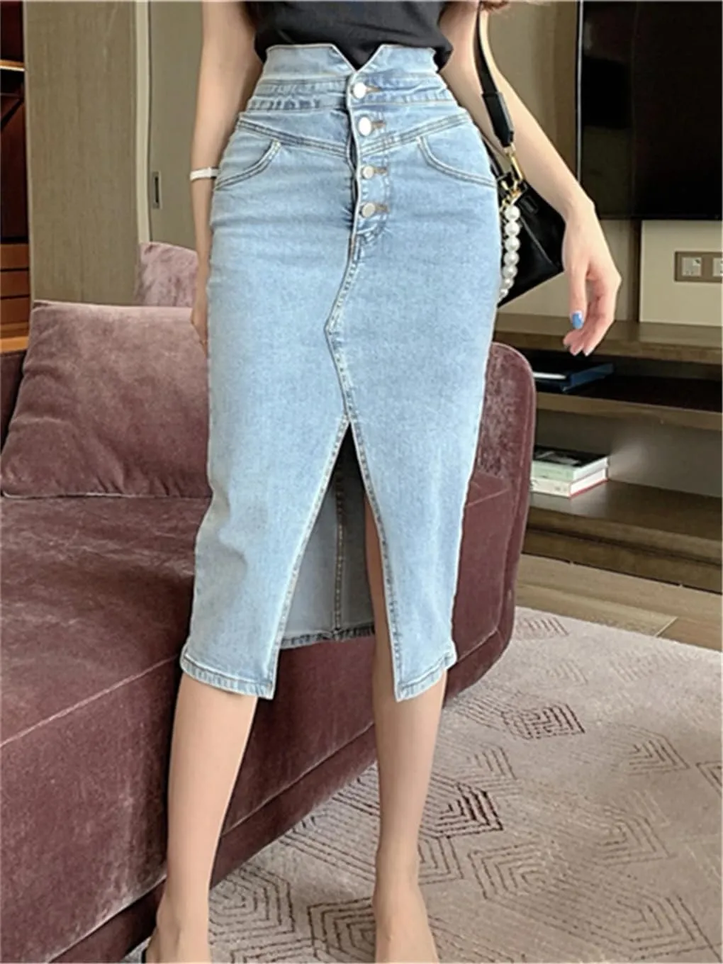 Women's Front Split Denim Wrap Skirts Buttons High Wasit Jeans Straight Pencil Midi Skirts Summer