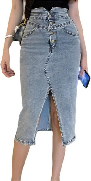 Women's Front Split Denim Wrap Skirts Buttons High Wasit Jeans Womens Summer Straight Pencil Midi Skirts
