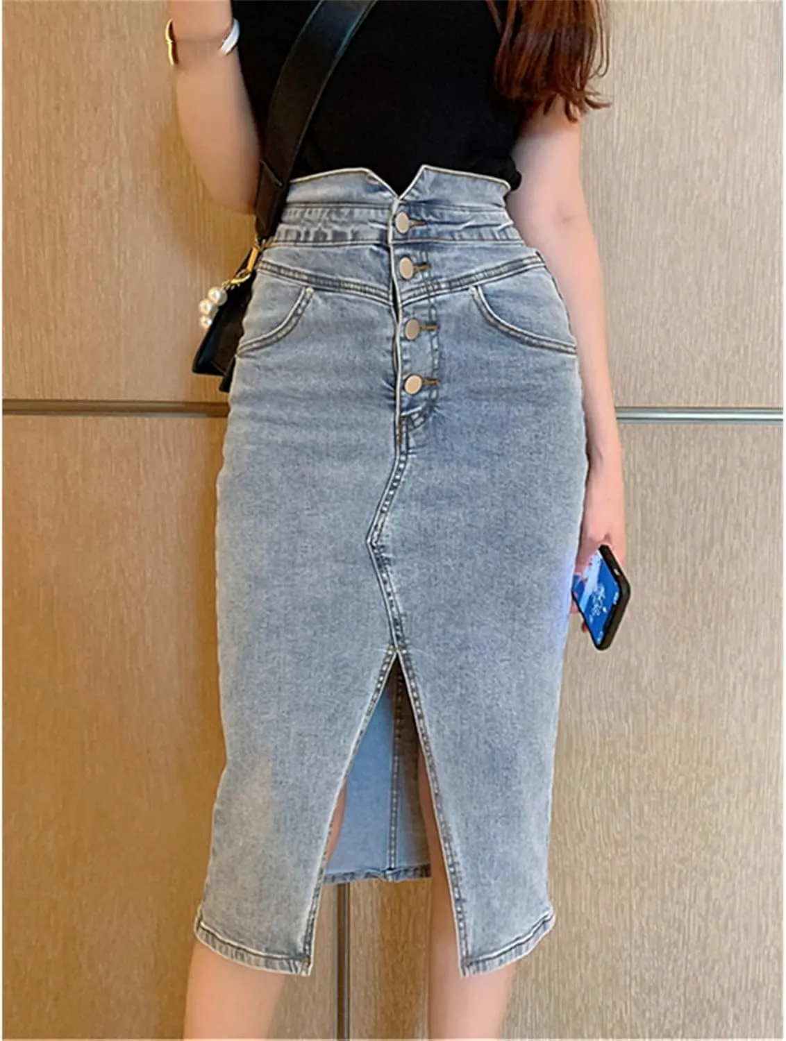 Women's Front Split Denim Wrap Skirts Buttons High Wasit Jeans Womens Summer Straight Pencil Midi Skirts