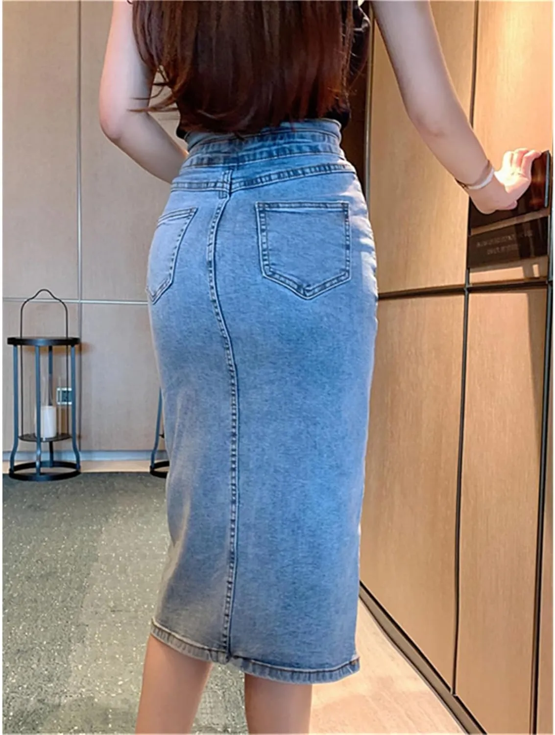 Women's Front Split Denim Wrap Skirts Buttons High Wasit Jeans Womens Summer Straight Pencil Midi Skirts