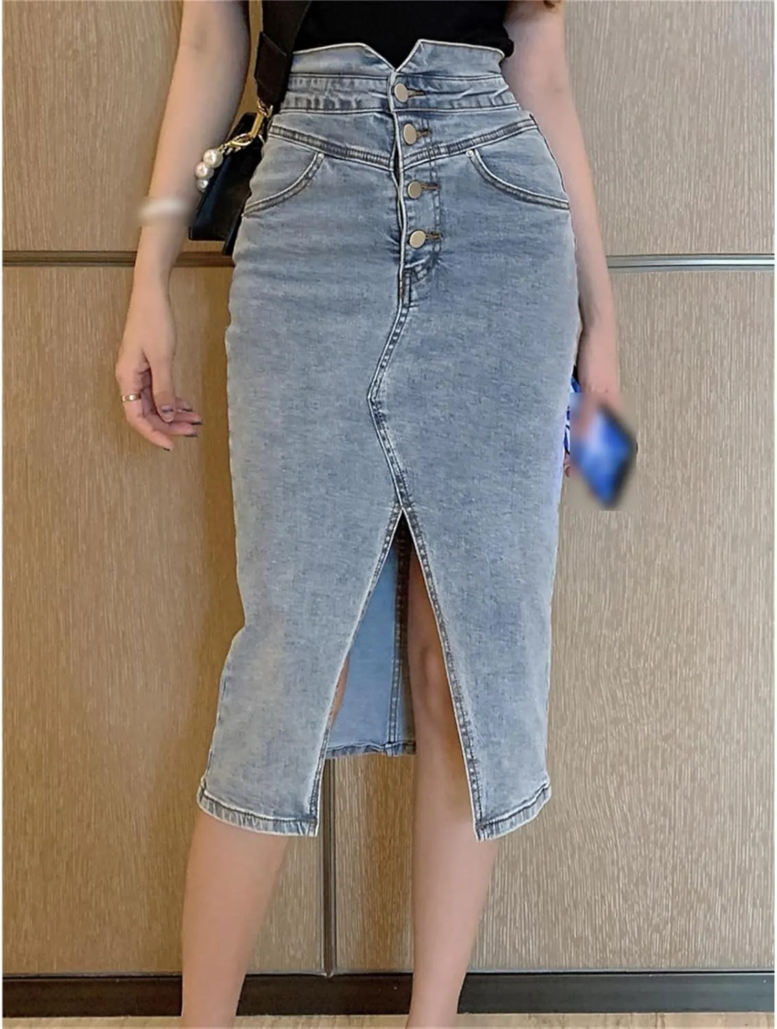 Women's Front Split Denim Wrap Skirts Buttons High Wasit Jeans Womens Summer Straight Pencil Midi Skirts