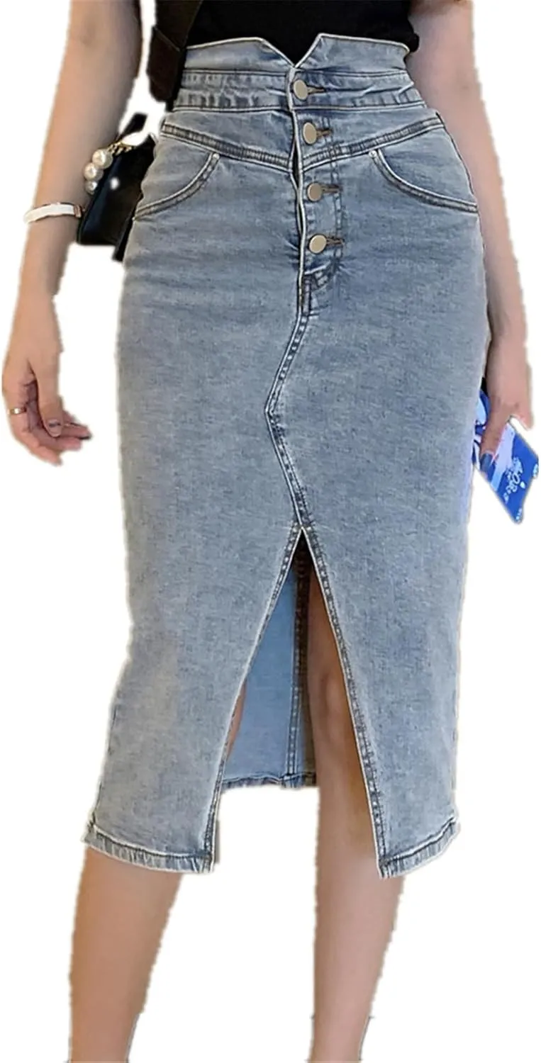 Women's Front Split Denim Wrap Skirts Buttons High Wasit Jeans Womens Summer Straight Pencil Midi Skirts