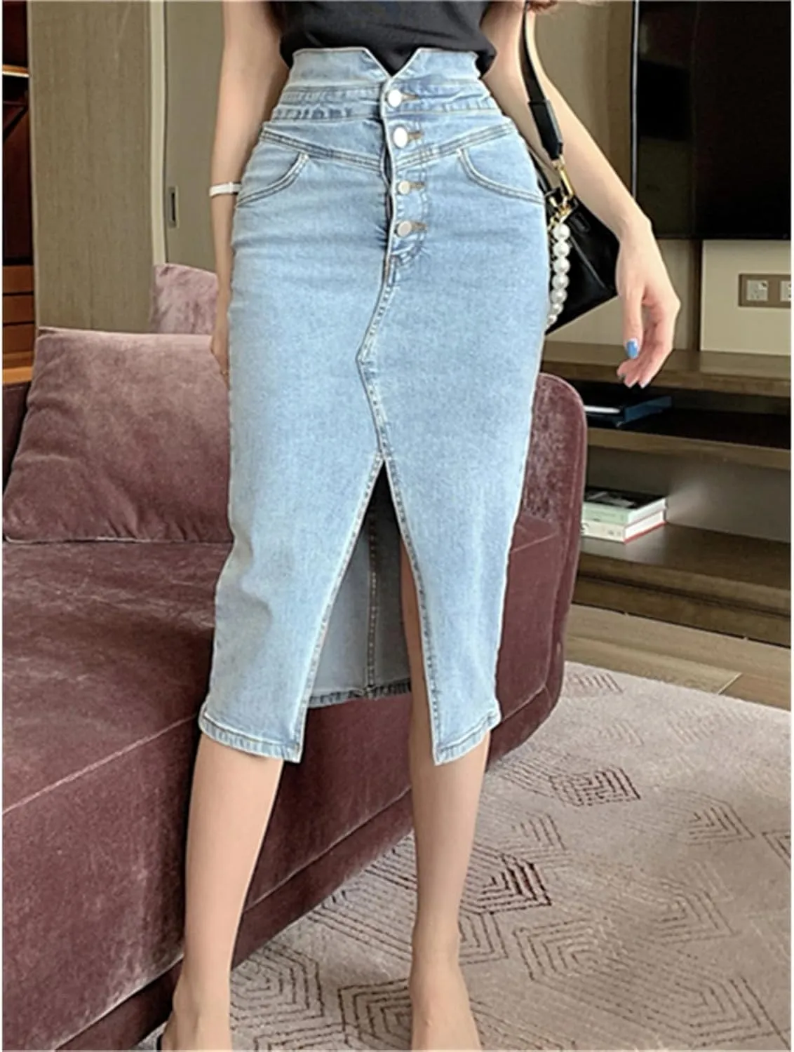 Women's Front Split Denim Wrap Skirts Buttons High Wasit Jeans Womens Summer Straight Pencil Midi Skirts
