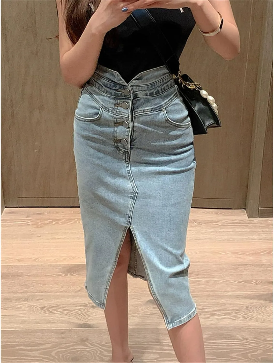 Women's Front Split Denim Wrap Skirts Buttons High Wasit Jeans Womens Summer Straight Pencil Midi Skirts