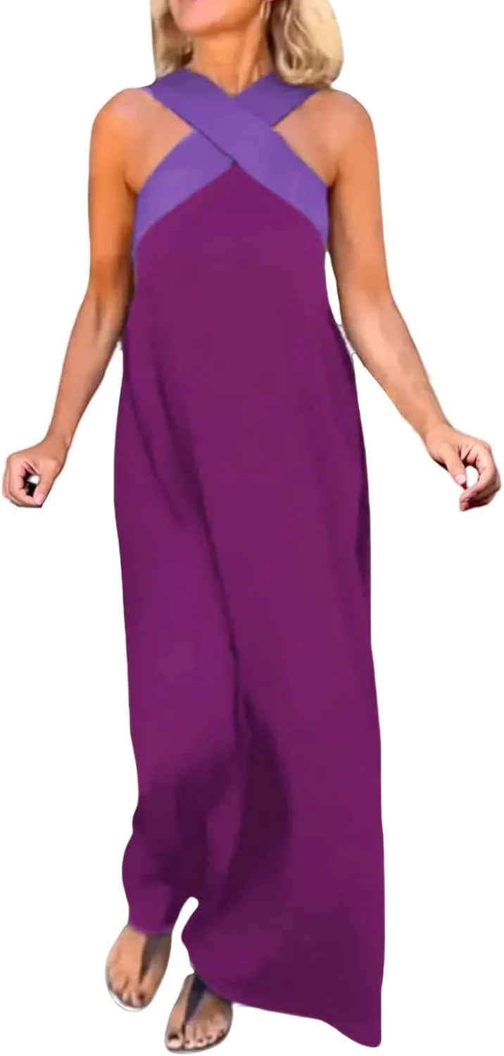 Womens Halter Neck Dress Criss Cross Sleeveless Backless Maxi Dress Summer Casual Sexy Boho A Line Dresses