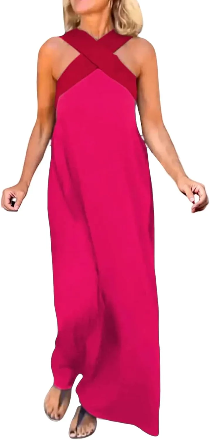 Womens Halter Neck Dress Criss Cross Sleeveless Backless Maxi Dress Summer Casual Sexy Boho A Line Dresses