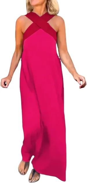 Womens Halter Neck Dress Criss Cross Sleeveless Backless Maxi Dress Summer Casual Sexy Boho A Line Dresses