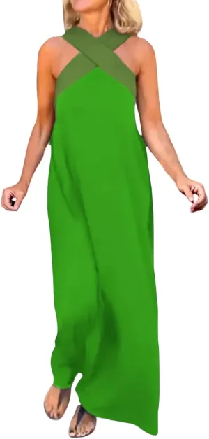 Womens Halter Neck Dress Criss Cross Sleeveless Backless Maxi Dress Summer Casual Sexy Boho A Line Dresses