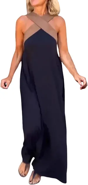 Womens Halter Neck Dress Criss Cross Sleeveless Backless Maxi Dress Summer Casual Sexy Boho A Line Dresses