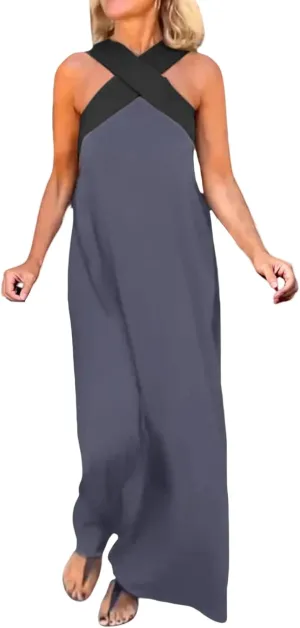Womens Halter Neck Dress Criss Cross Sleeveless Backless Maxi Dress Summer Casual Sexy Boho A Line Dresses