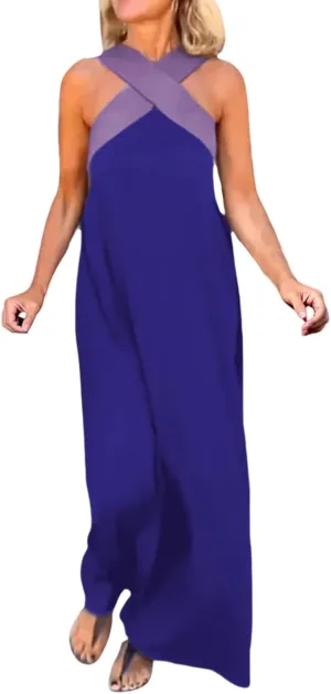 Womens Halter Neck Dress Criss Cross Sleeveless Backless Maxi Dress Summer Casual Sexy Boho A Line Dresses