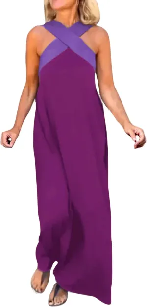Womens Halter Neck Dress Criss Cross Sleeveless Backless Maxi Dress Summer Casual Sexy Boho A Line Dresses