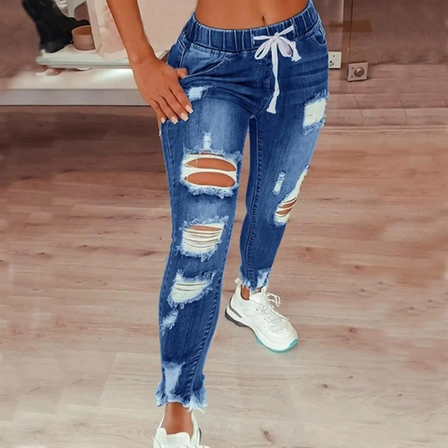 Women's High Rise Skinny Stretch Ripped Jeans High Elastic Waisted Destroyed Tight Denim Pants