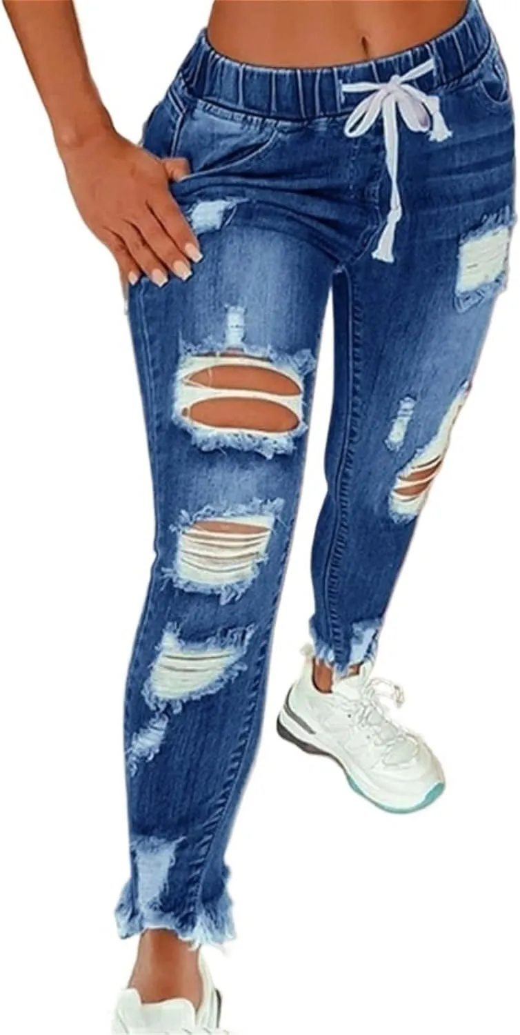 Women's High Rise Skinny Stretch Ripped Jeans High Elastic Waisted Destroyed Tight Denim Pants