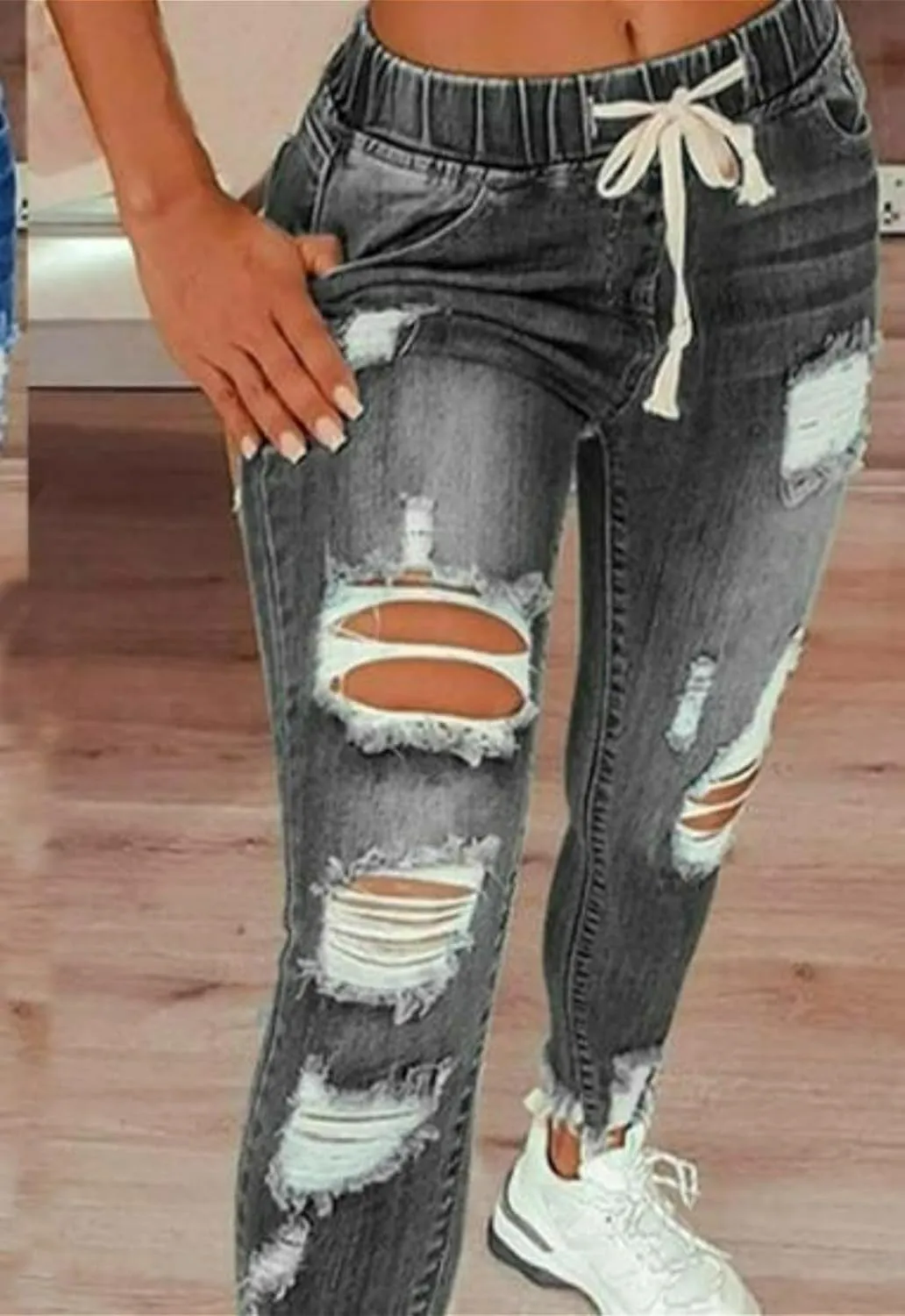 Women's High Rise Skinny Stretch Ripped Jeans High Elastic Waisted Destroyed Tight Denim Pants