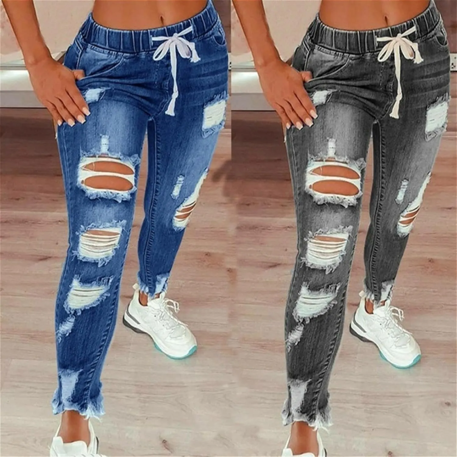 Women's High Rise Skinny Stretch Ripped Jeans High Elastic Waisted Destroyed Tight Denim Pants