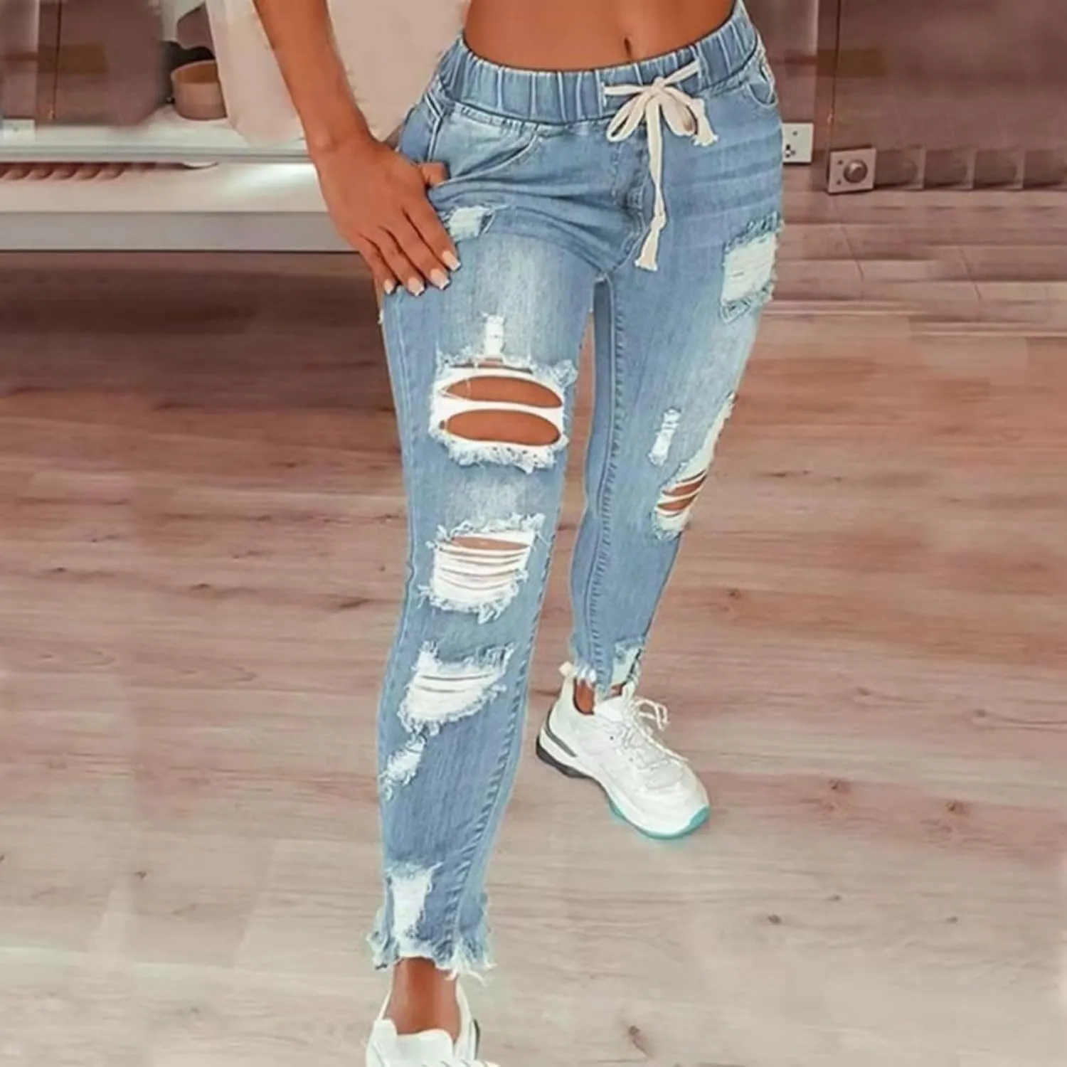 Women's High Rise Skinny Stretch Ripped Jeans High Elastic Waisted Destroyed Tight Denim Pants
