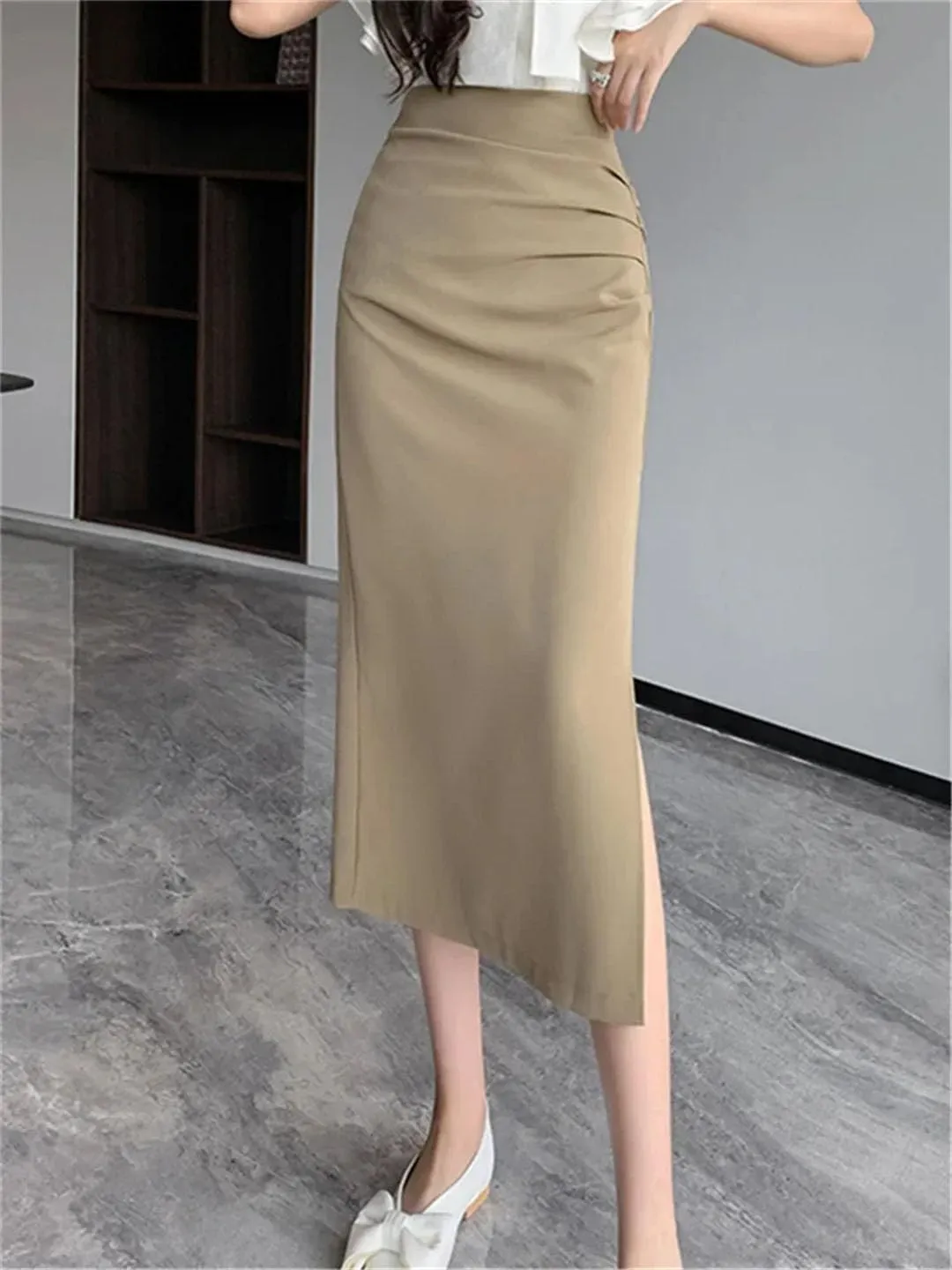 Women's High Waist Side Split Office Wrap Skirts Summer Solid Pleated Straight Midi Skirts