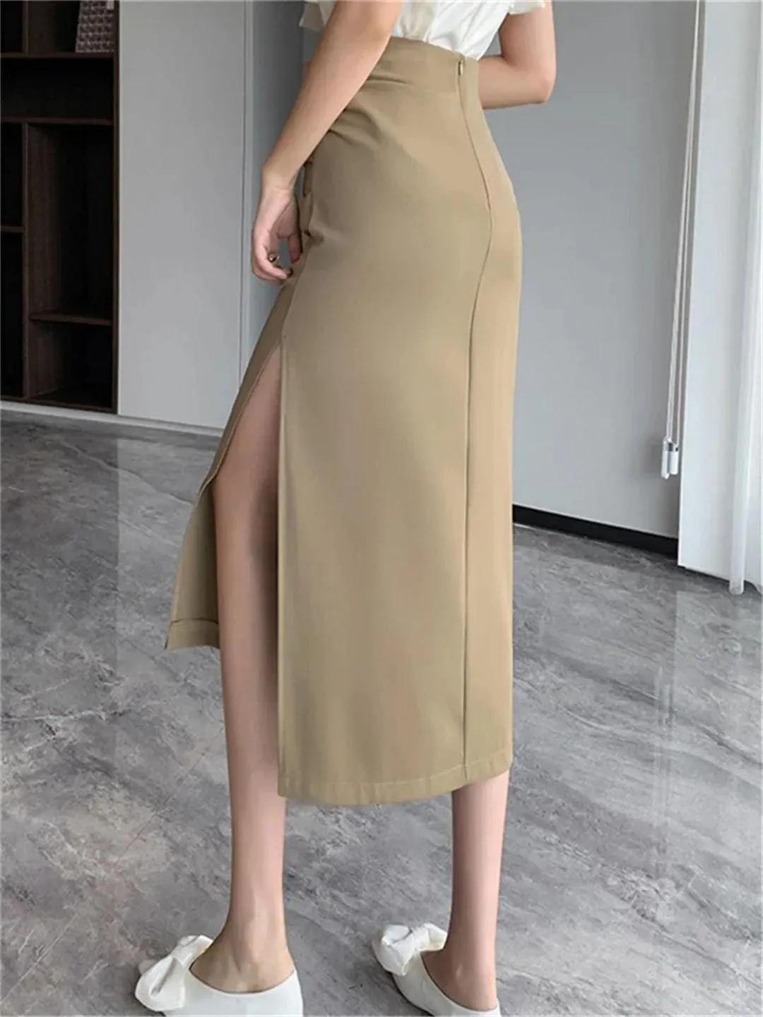 Women's High Waist Side Split Office Wrap Skirts Summer Solid Pleated Straight Midi Skirts