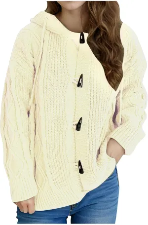 Women's Hooded Cardigans Chunky Cable Knitted Thick Sweater Coat Knitted Open Front Cardigan Sweater Hoodie Outerwear