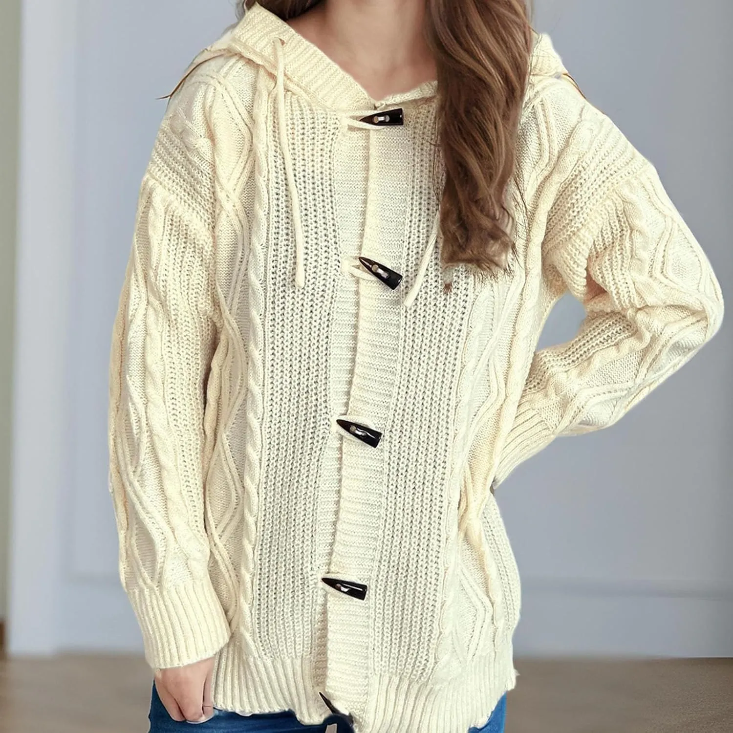 Women's Hooded Cardigans Chunky Cable Knitted Thick Sweater Coat Knitted Open Front Cardigan Sweater Hoodie Outerwear