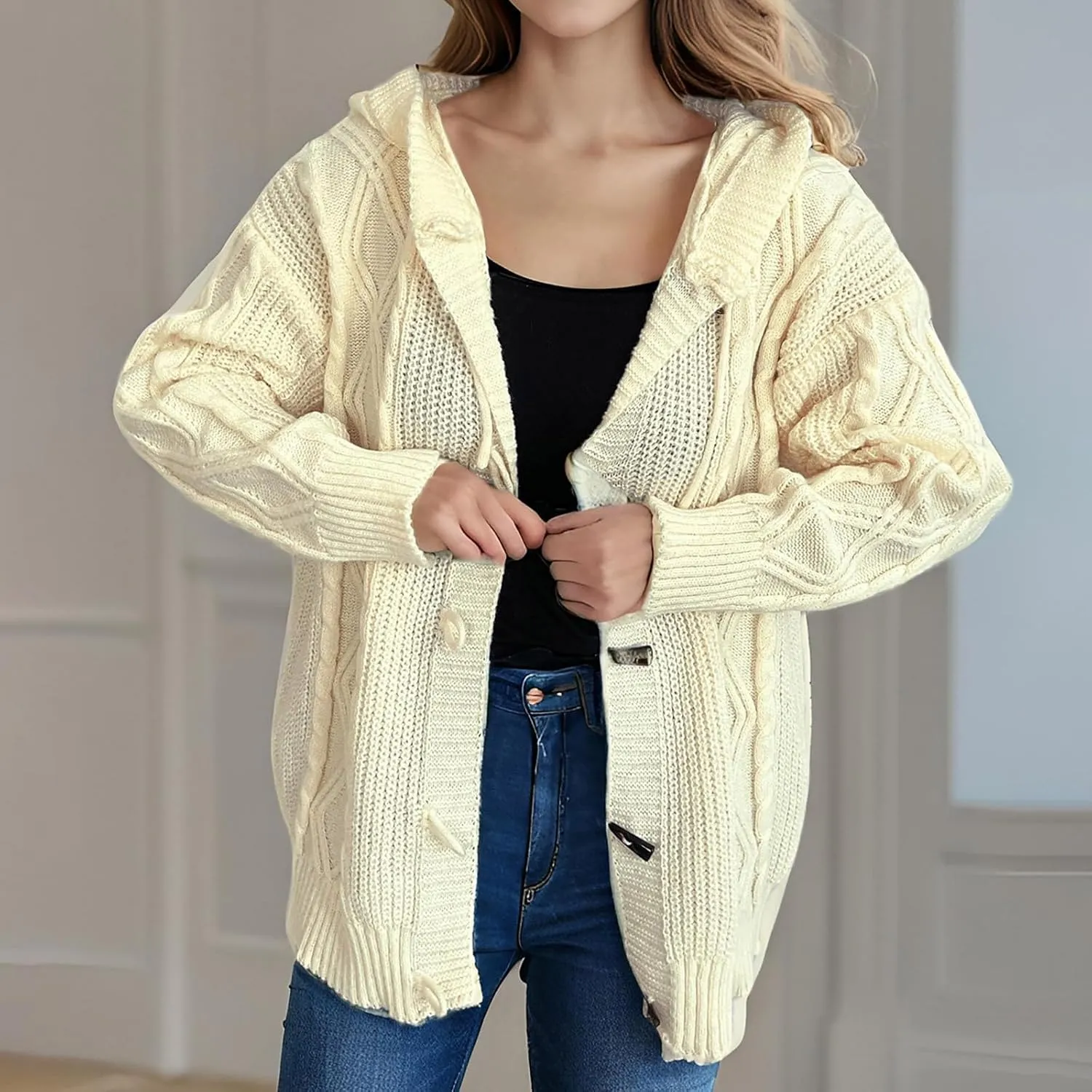 Women's Hooded Cardigans Chunky Cable Knitted Thick Sweater Coat Knitted Open Front Cardigan Sweater Hoodie Outerwear