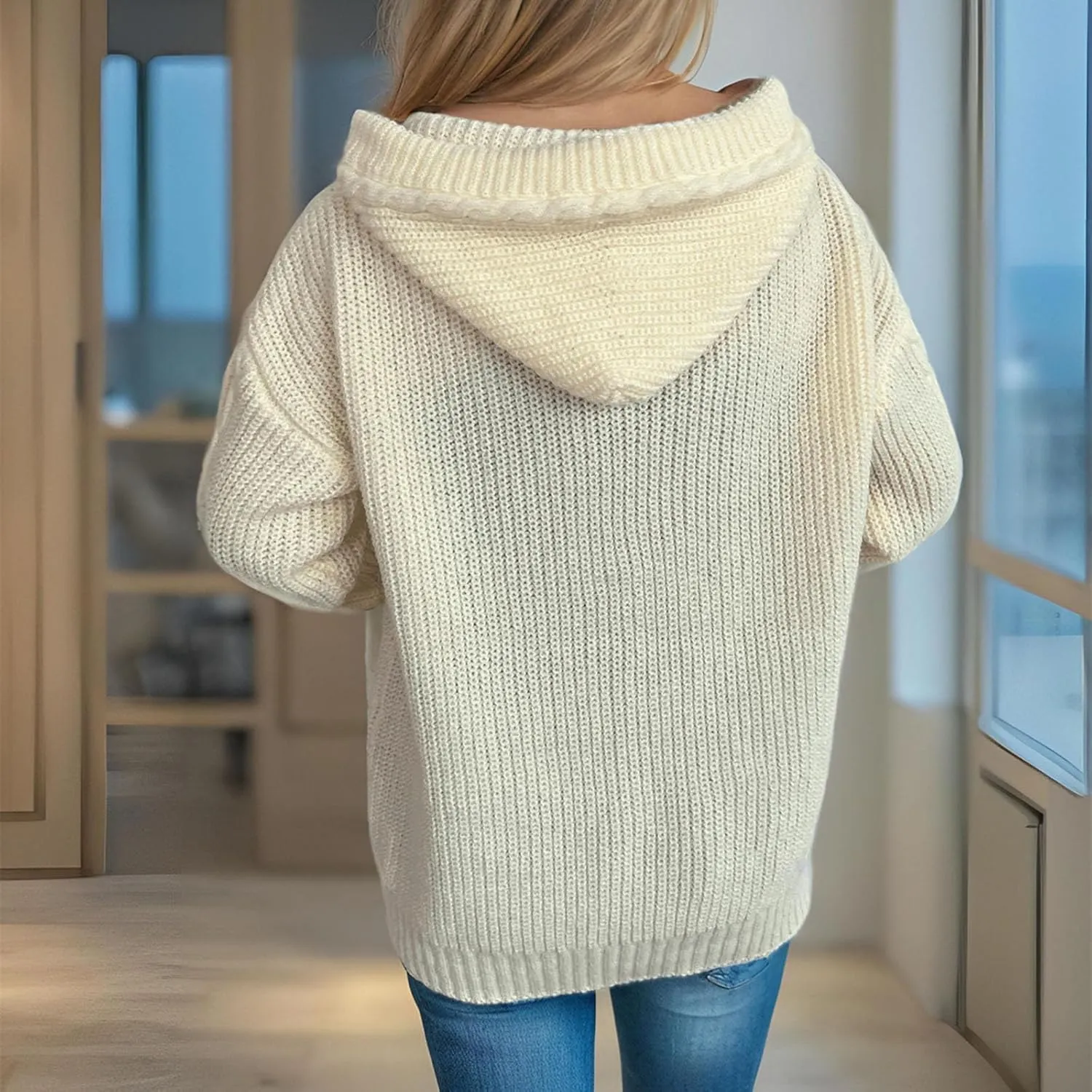 Women's Hooded Cardigans Chunky Cable Knitted Thick Sweater Coat Knitted Open Front Cardigan Sweater Hoodie Outerwear