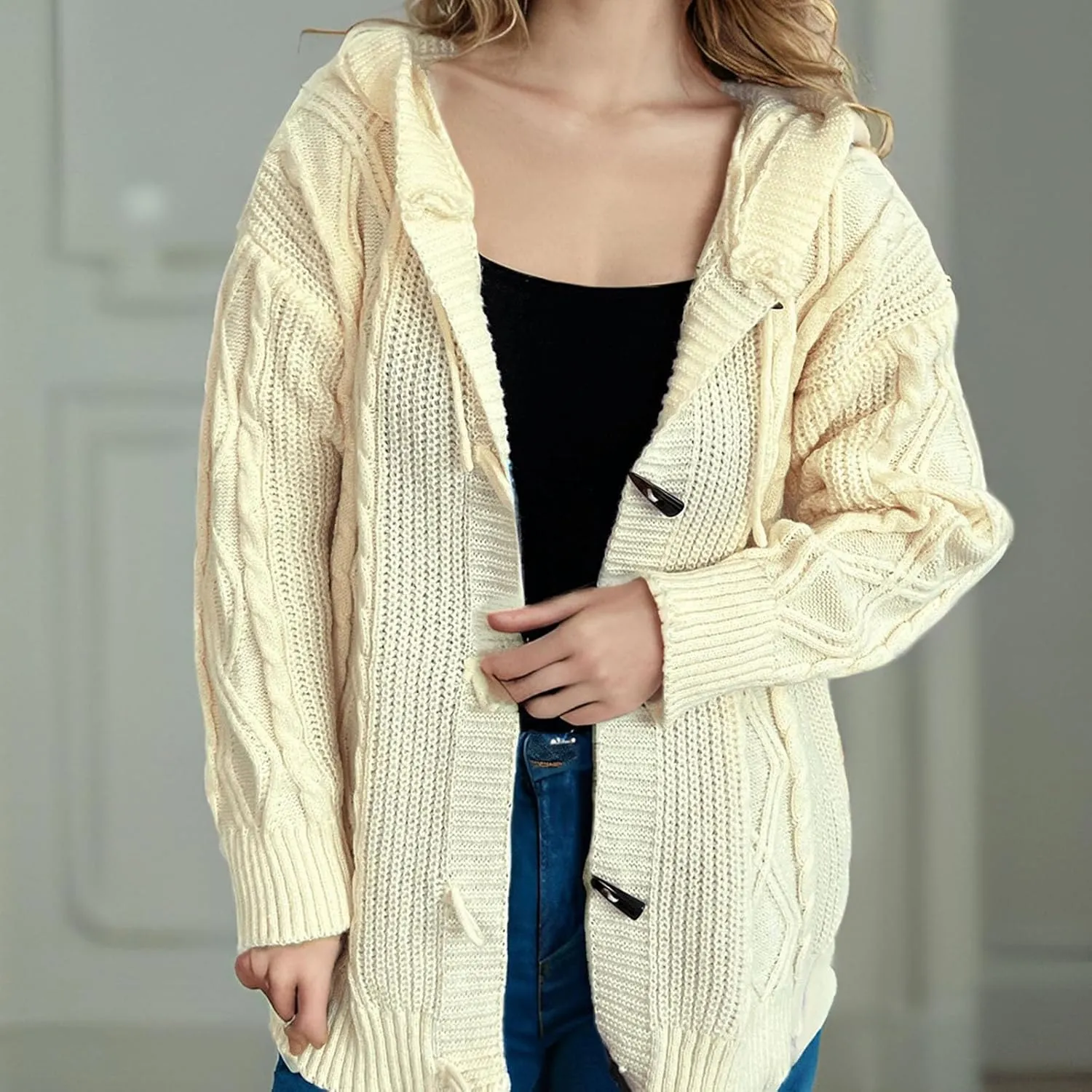 Women's Hooded Cardigans Chunky Cable Knitted Thick Sweater Coat Knitted Open Front Cardigan Sweater Hoodie Outerwear