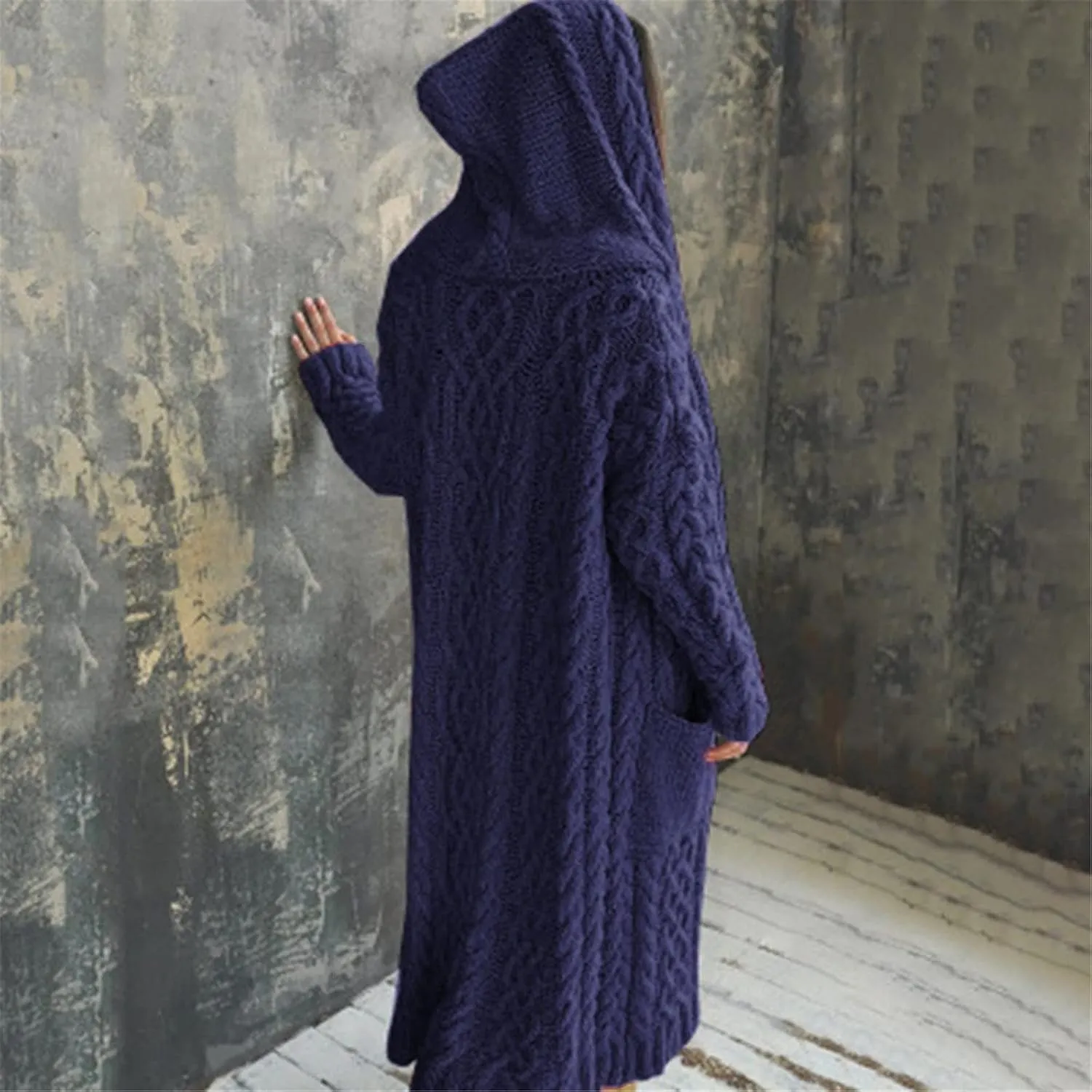 Womens Hooded Long Cardigan Cable Knitted Open Front Sweaters Solid Color Loose Fit Chunky Outwear Coats with Pockets