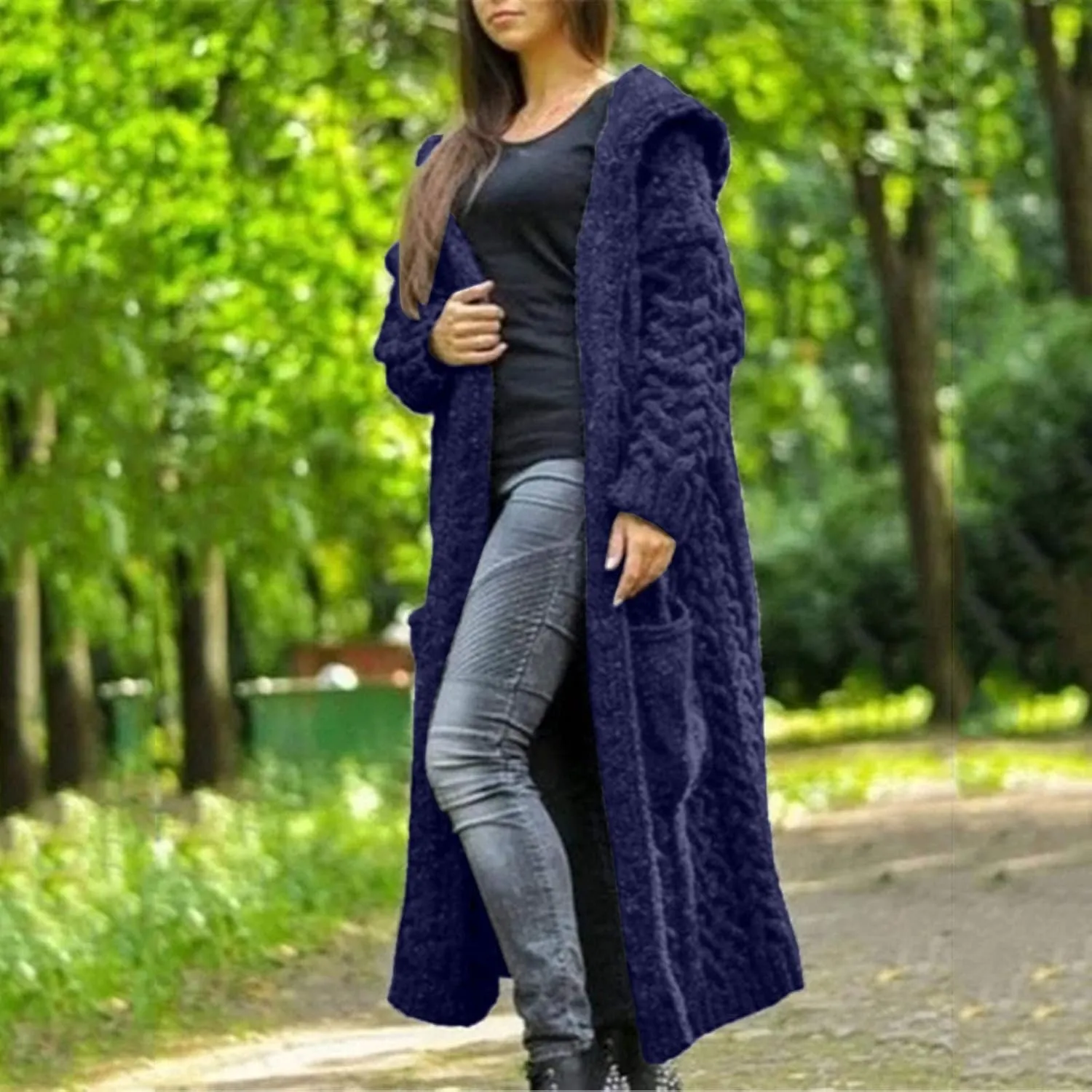 Womens Hooded Long Cardigan Cable Knitted Open Front Sweaters Solid Color Loose Fit Chunky Outwear Coats with Pockets