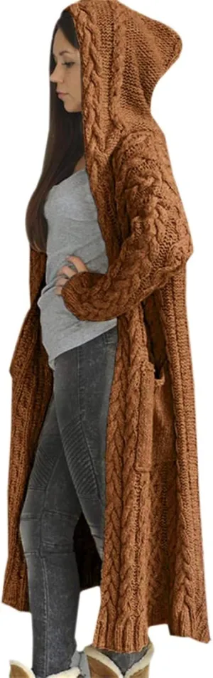 Womens Hooded Long Cardigan Cable Knitted Open Front Sweaters Solid Color Loose Fit Chunky Outwear Coats with Pockets