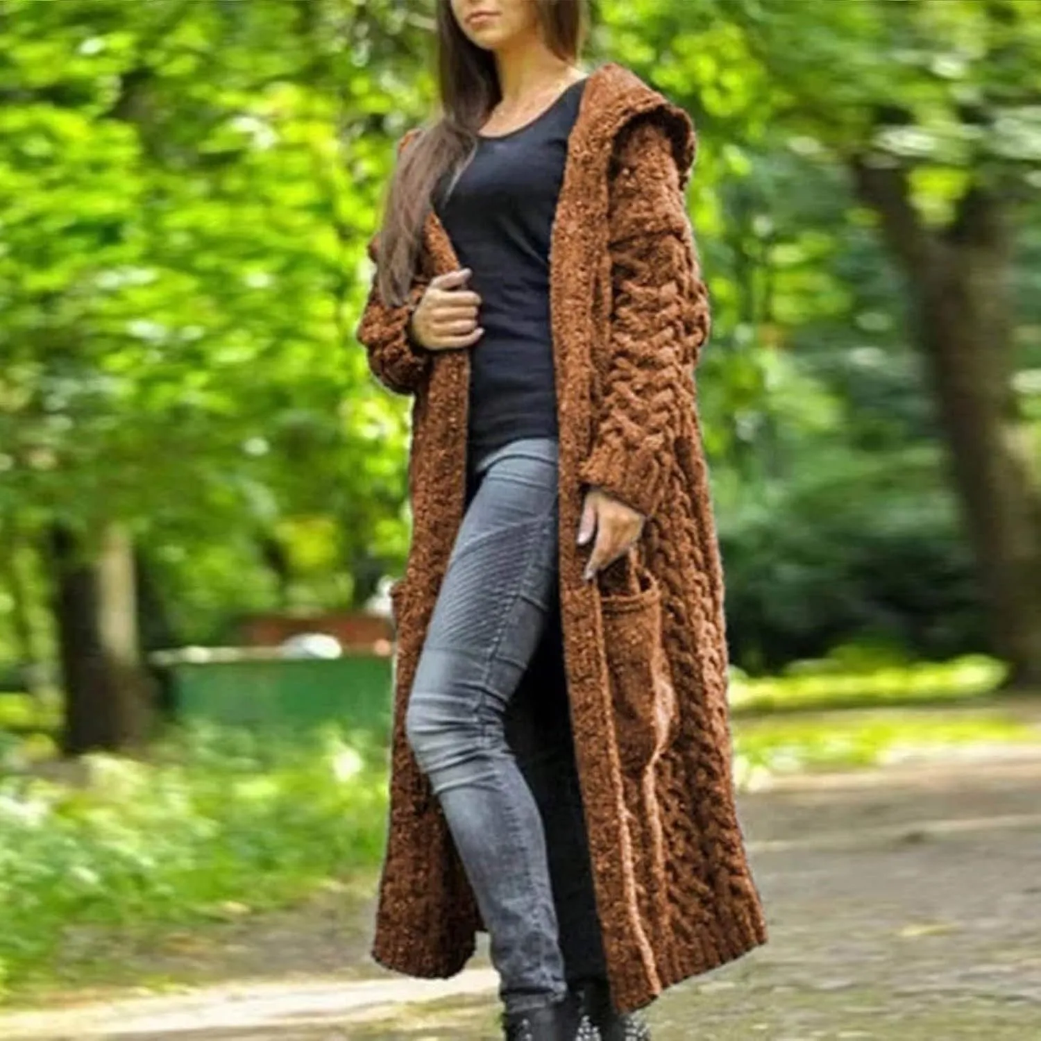 Womens Hooded Long Cardigan Cable Knitted Open Front Sweaters Solid Color Loose Fit Chunky Outwear Coats with Pockets