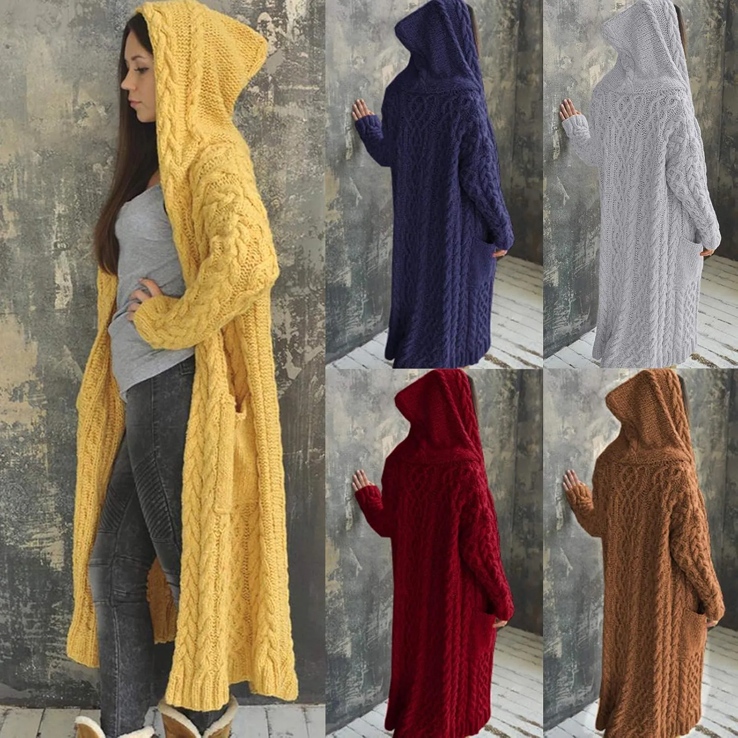 Womens Hooded Long Cardigan Cable Knitted Open Front Sweaters Solid Color Loose Fit Chunky Outwear Coats with Pockets