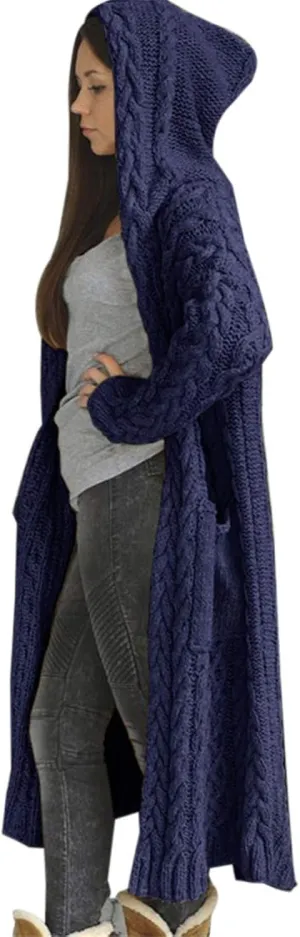 Womens Hooded Long Cardigan Cable Knitted Open Front Sweaters Solid Color Loose Fit Chunky Outwear Coats with Pockets