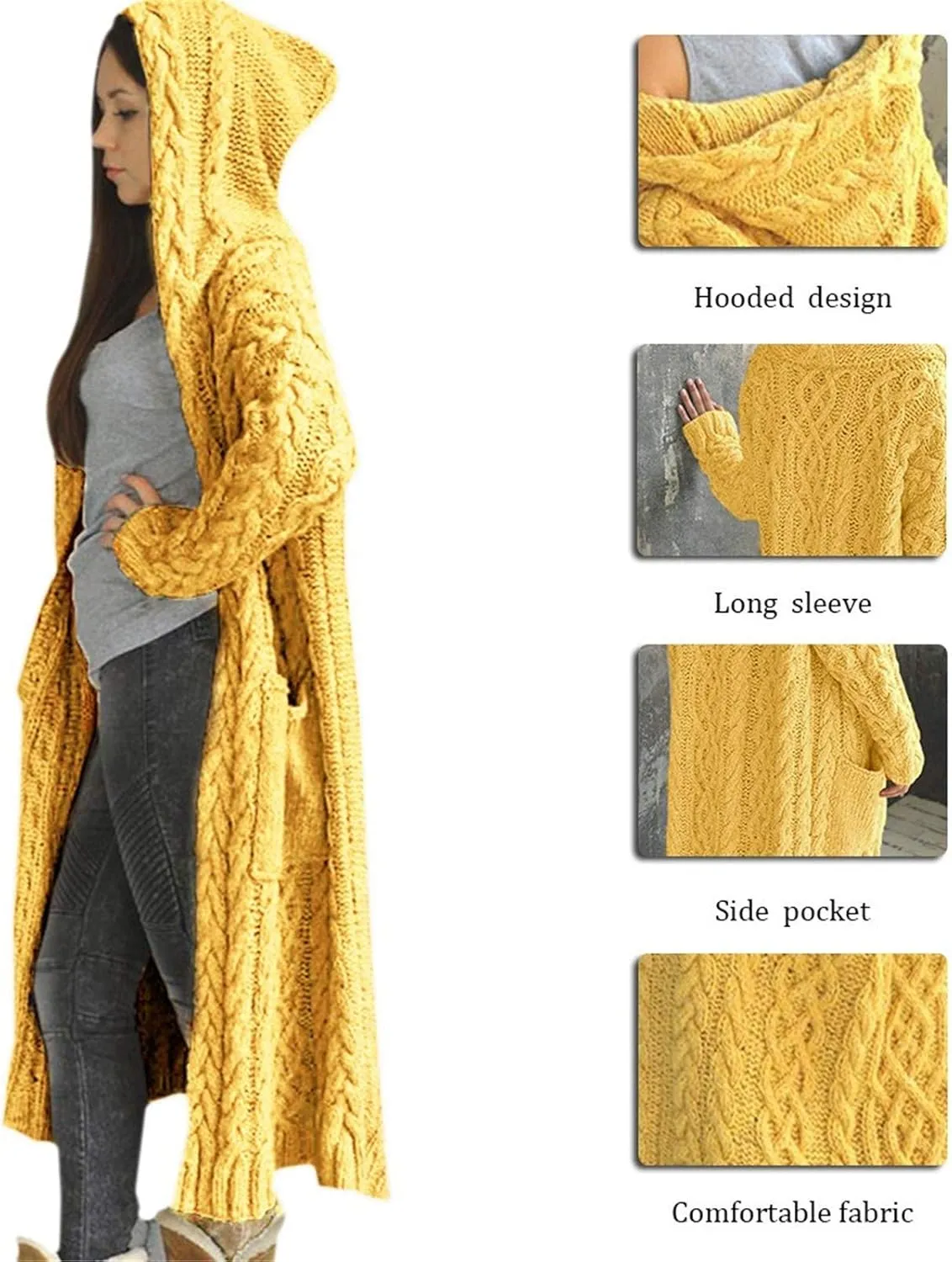 Womens Hooded Long Cardigan Cable Knitted Open Front Sweaters Solid Color Loose Fit Chunky Outwear Coats with Pockets