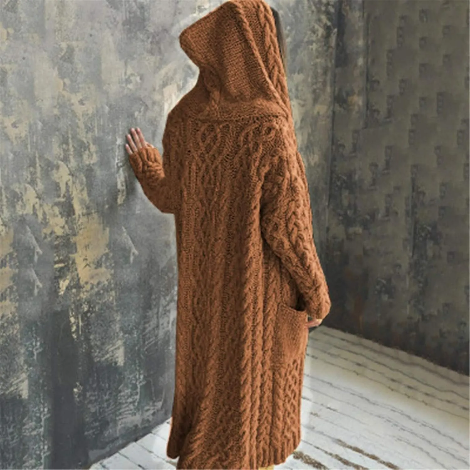 Womens Hooded Long Cardigan Cable Knitted Open Front Sweaters Solid Color Loose Fit Chunky Outwear Coats with Pockets