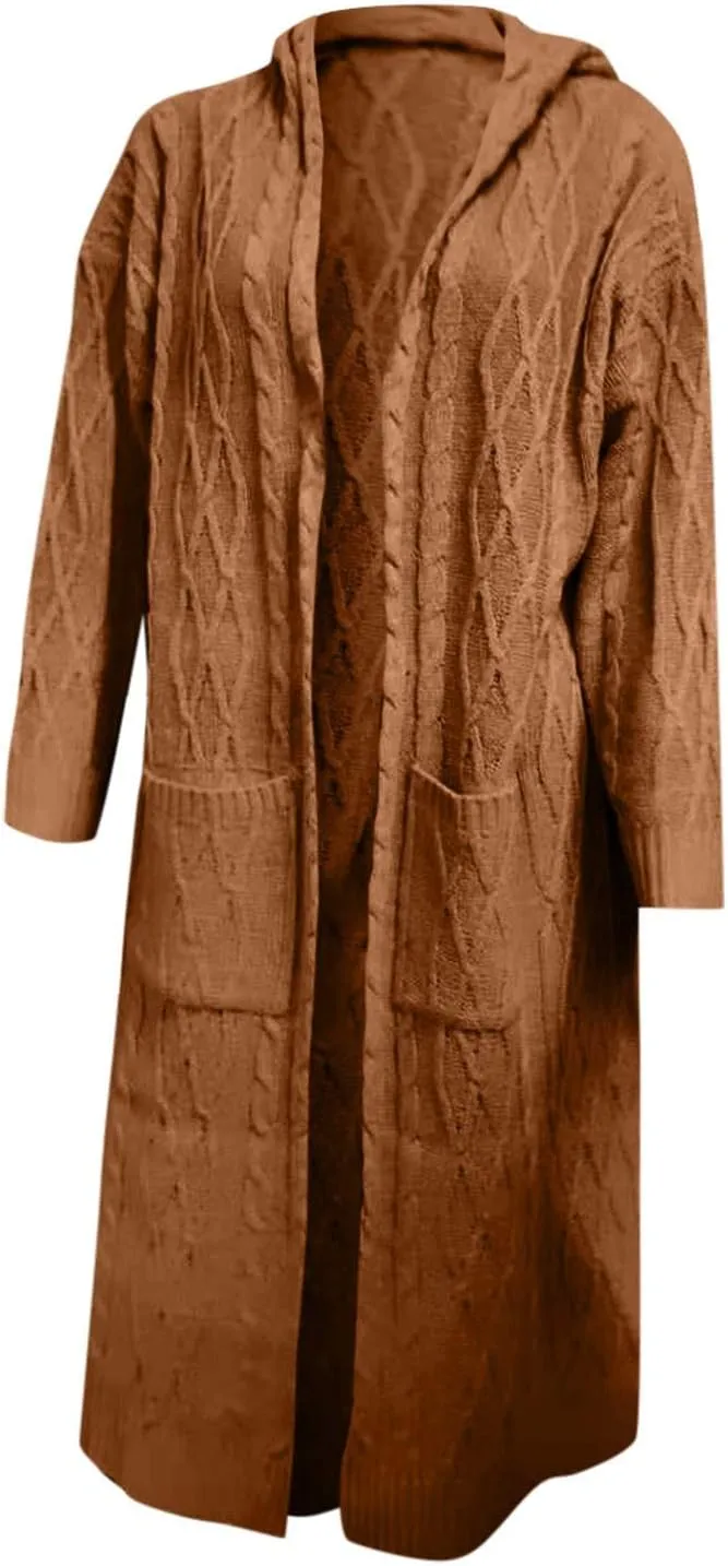 Womens Hooded Long Cardigan Cable Knitted Open Front Sweaters Solid Color Loose Fit Chunky Outwear Coats with Pockets