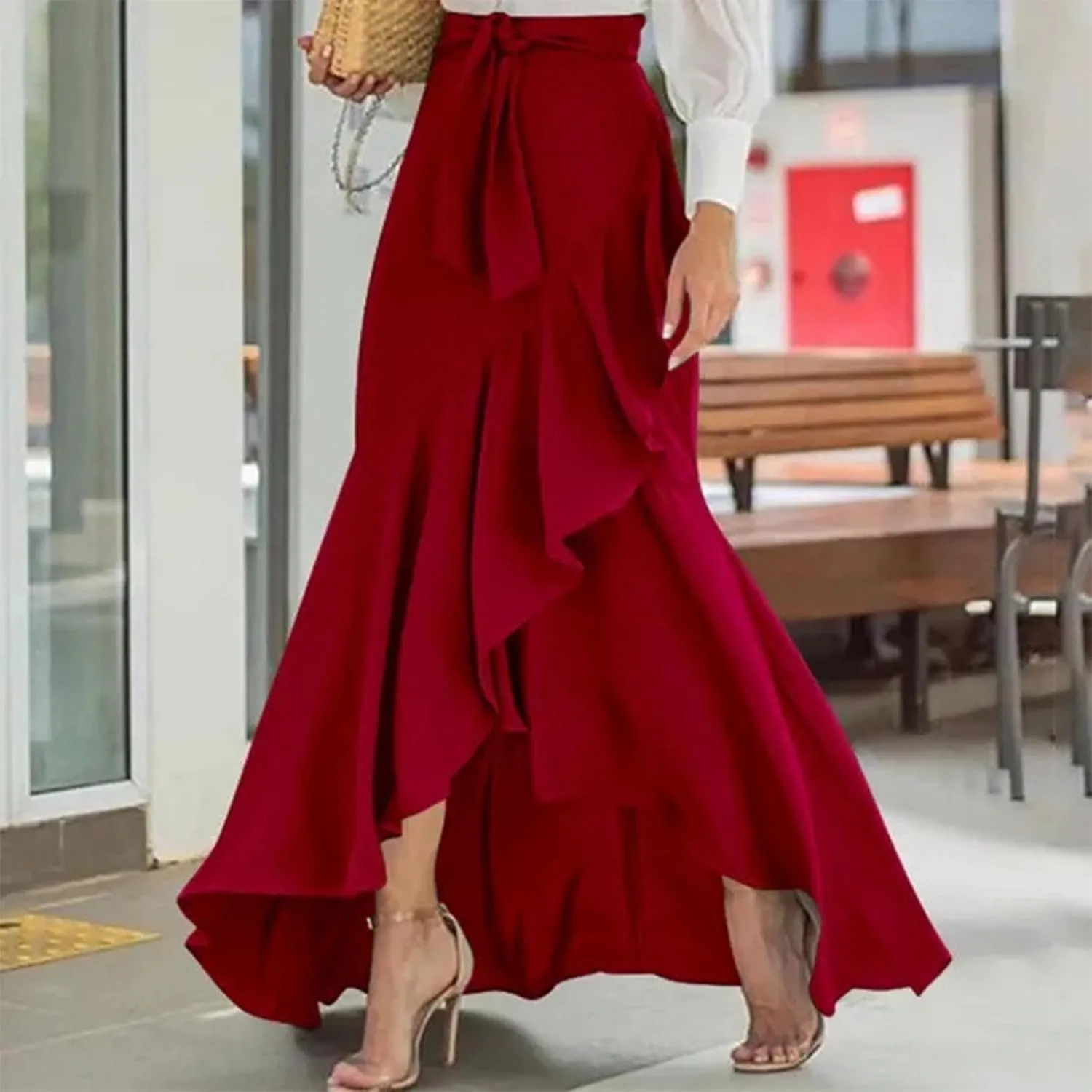 Women's Irregular Ruffle Hem Wrap Skirts Summer Bohemian Flowy Maxi Skirt Trendy Young Women Glamorous Casual Dress