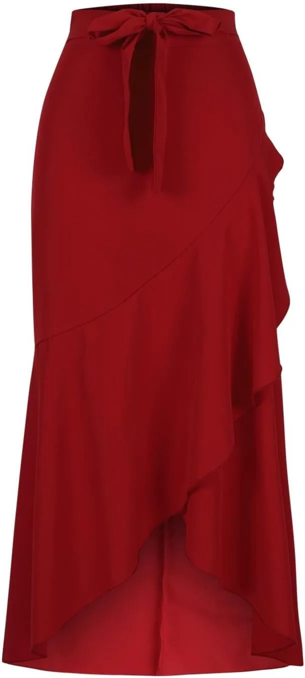 Women's Irregular Ruffle Hem Wrap Skirts Summer Bohemian Flowy Maxi Skirt Trendy Young Women Glamorous Casual Dress