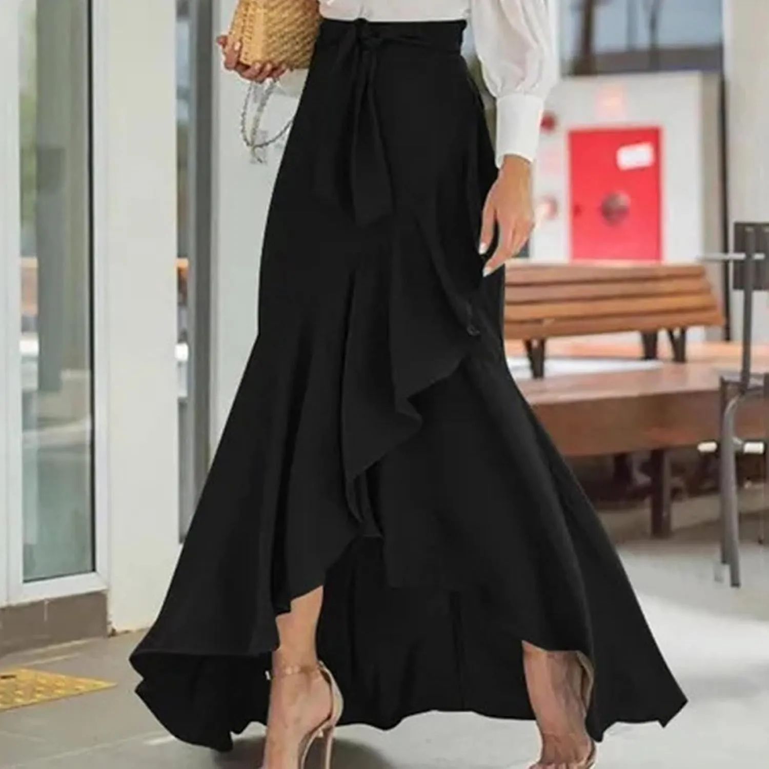 Women's Irregular Ruffle Hem Wrap Skirts Summer Bohemian Flowy Maxi Skirt Trendy Young Women Glamorous Casual Dress