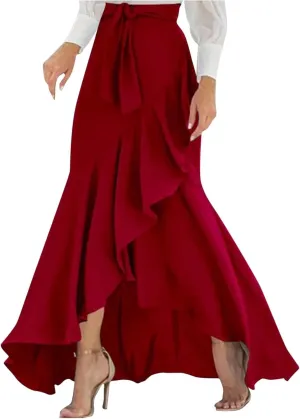 Women's Irregular Ruffle Hem Wrap Skirts Summer Bohemian Flowy Maxi Skirt Trendy Young Women Glamorous Casual Dress