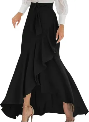 Women's Irregular Ruffle Hem Wrap Skirts Summer Bohemian Flowy Maxi Skirt Trendy Young Women Glamorous Casual Dress