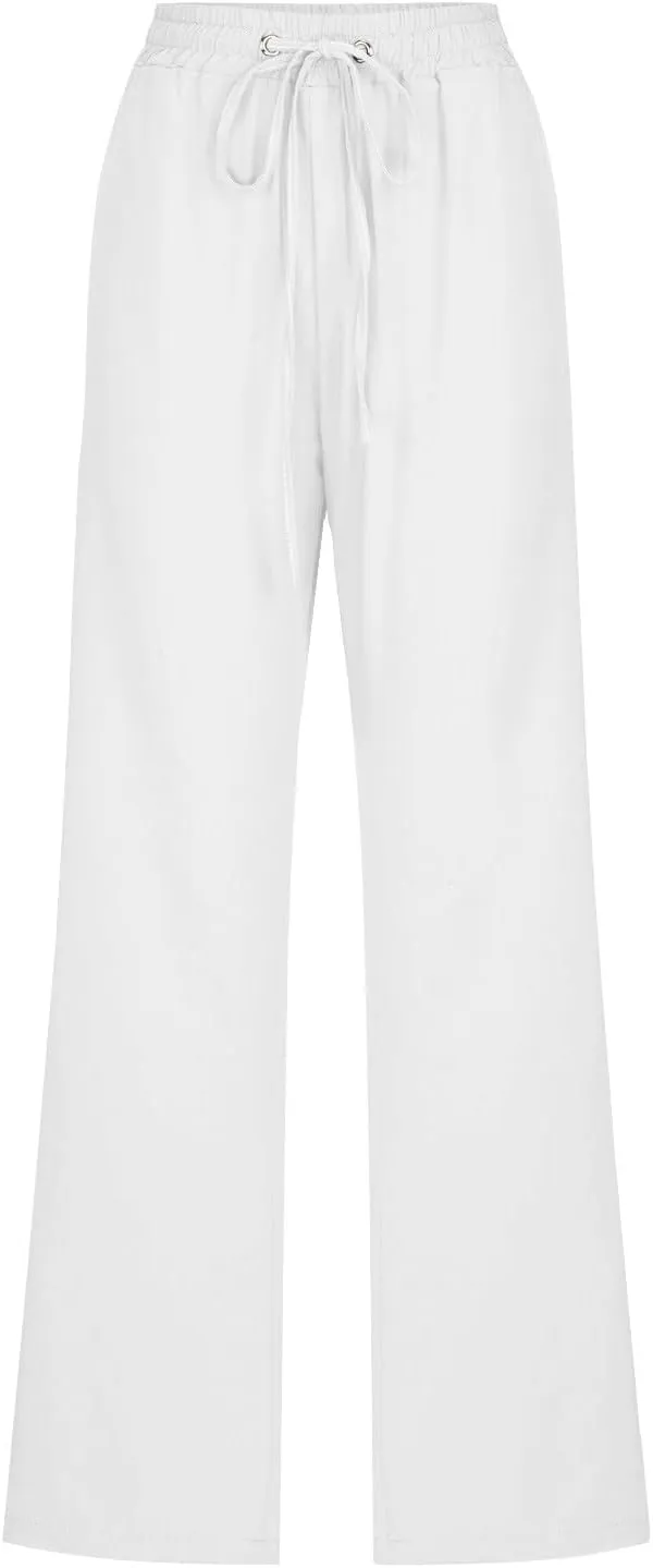 Women's Linen Pant Drawstrings Straight Leg High Waist Trousers Summer Casual Lightweight Breathable Long Pants