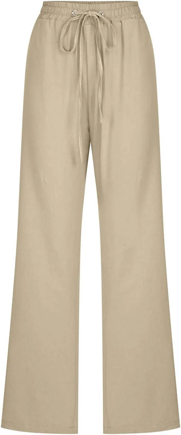 Women's Linen Pant Drawstrings Straight Leg High Waist Trousers Summer Casual Lightweight Breathable Long Pants