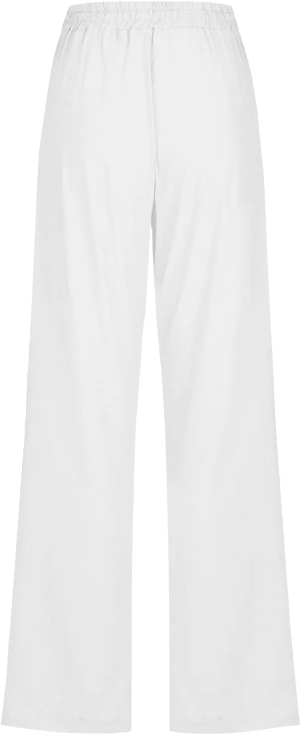 Women's Linen Pant Drawstrings Straight Leg High Waist Trousers Summer Casual Lightweight Breathable Long Pants